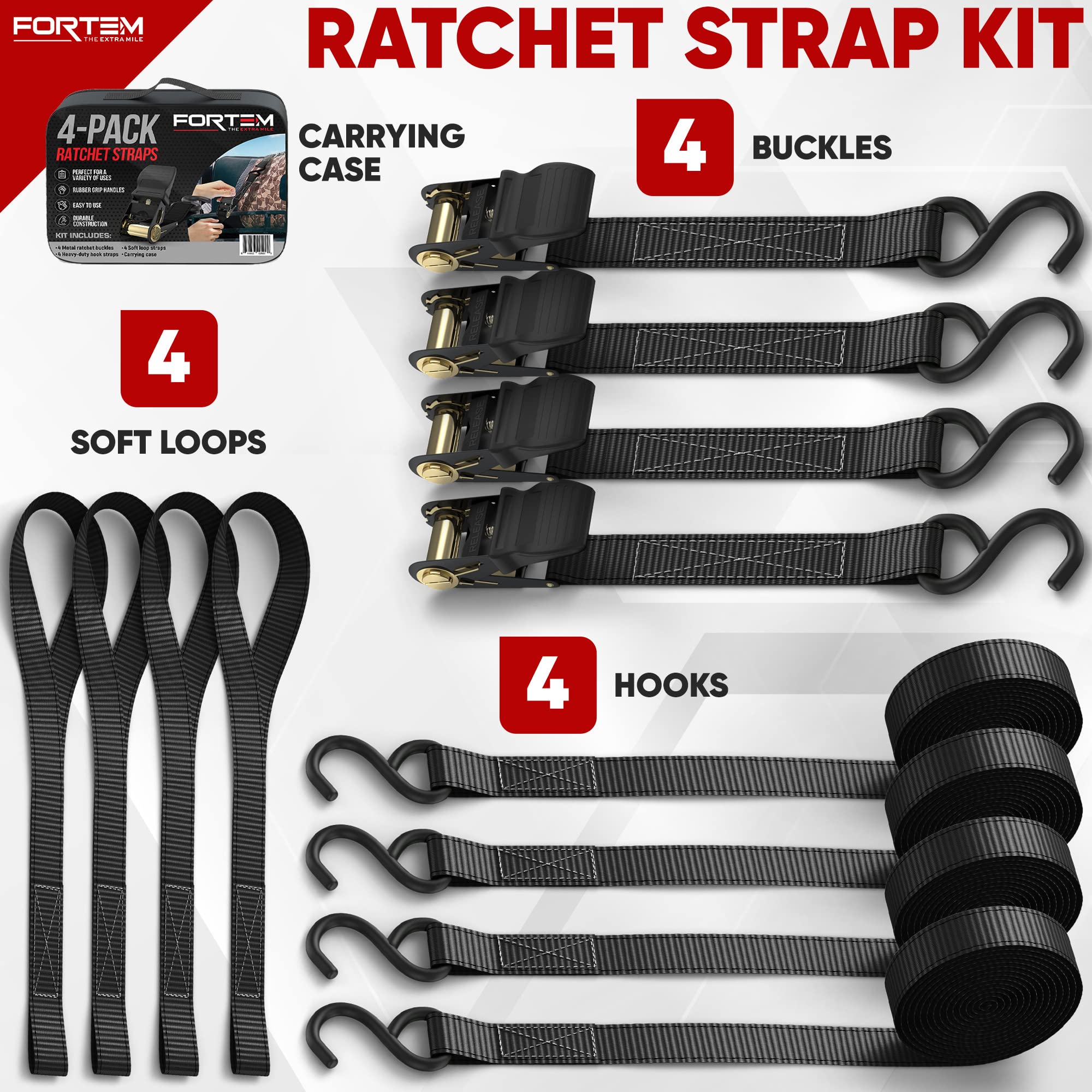 FORTEM Ratchet Straps, 748kg Break Strength, 4 Pack 4.6m x 2.54cm Tie Down Strap Set, 4 Soft Loops, Motorcycle Straps Tie Downs, Cargo Cam Buckles, Rubber Handles, Carry Bag