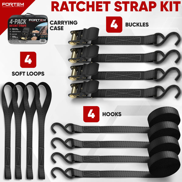 FORTEM Ratchet Straps, 748kg Break Strength, 4 Pack 4.6m x 2.54cm Tie Down Strap Set, 4 Soft Loops, Motorcycle Straps Tie Downs, Cargo Cam Buckles, Rubber Handles, Carry Bag
