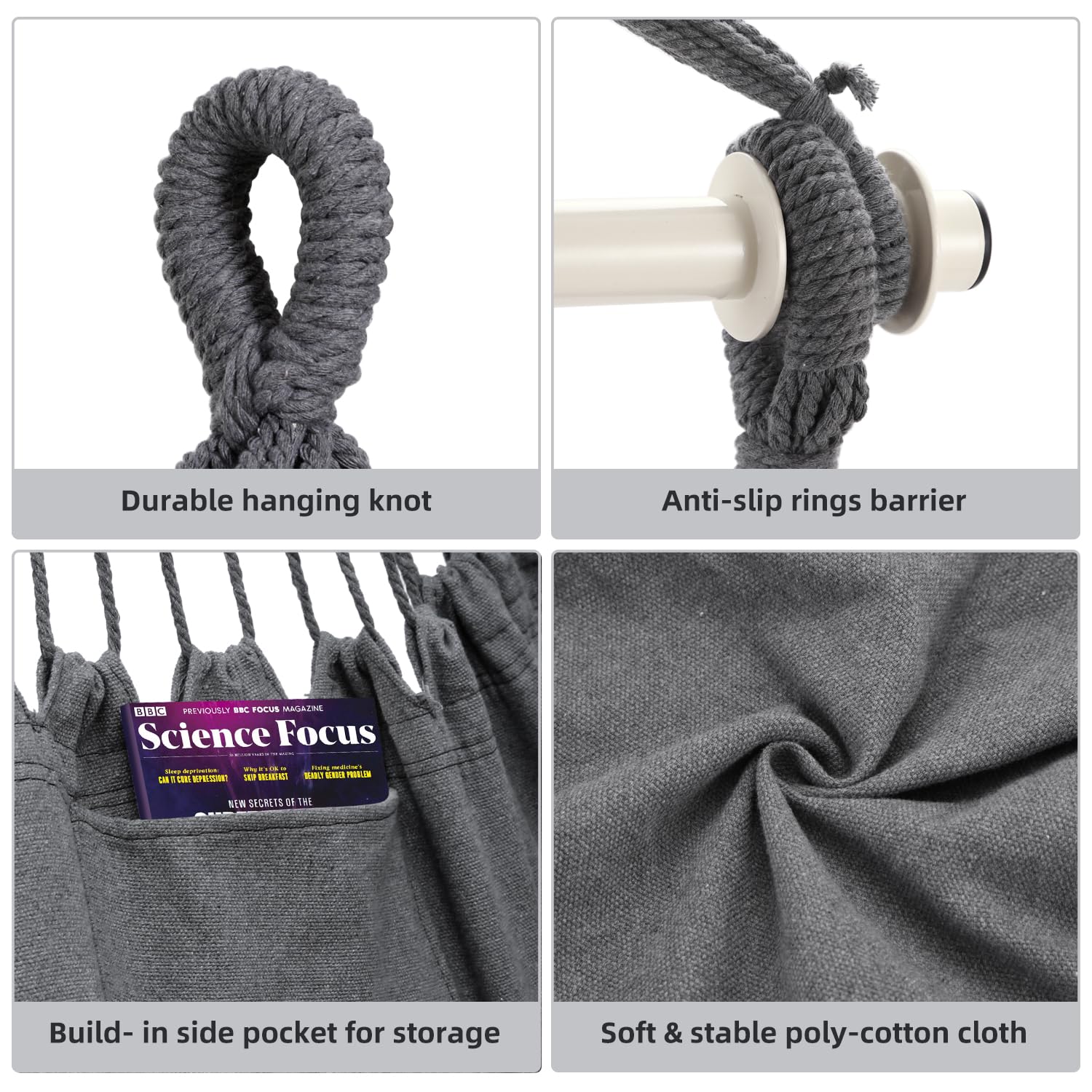 Hanging Chair Cotton Swing Chair with Hardwares, Ohuhu XL Portable Hammock Chair with 2 Cushions Installation Kit Detachable Metal Support Bar Side