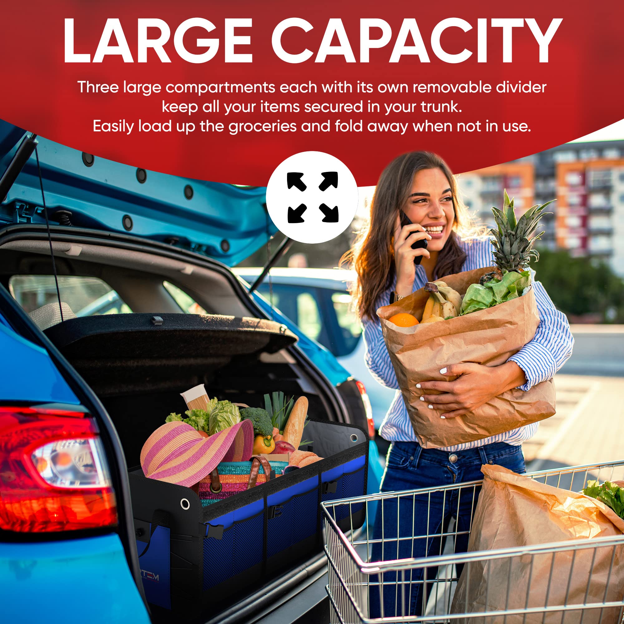 FORTEM Car Boot Organiser, SUV Boot Tidy, Trunk Storage, Collapsible Multi Compartment Car Organiser, Non Slip Bottom, Adjustable Securing Straps, Foldable Cover (65L)