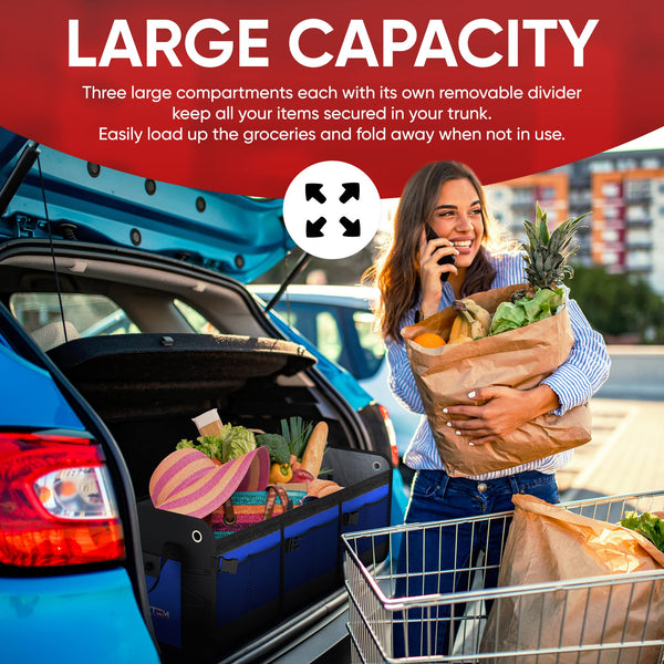 FORTEM Car Boot Organiser, SUV Boot Tidy, Trunk Storage, Collapsible Multi Compartment Car Organiser, Non Slip Bottom, Adjustable Securing Straps, Foldable Cover (65L)