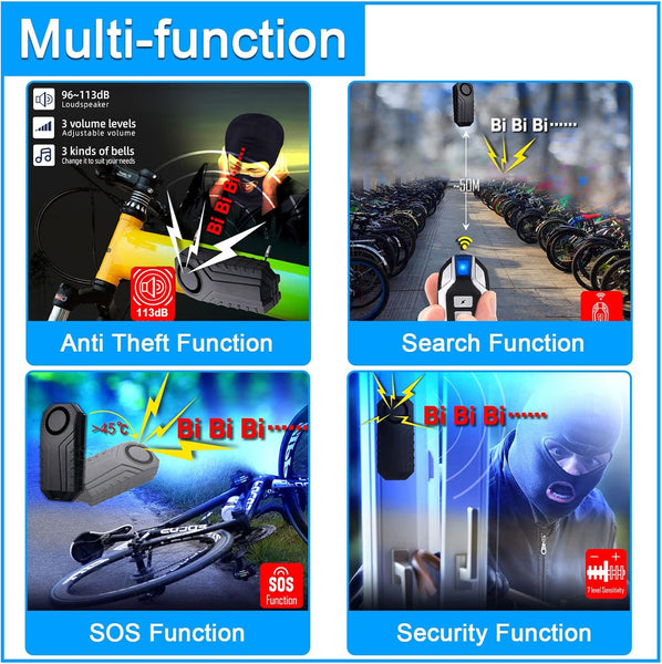Wireless Bicycle Alarm, Anti-Theft Vibration Motorcycle Bicycle Alarms Waterproof Vehicle Security Alarm System Volume & Sensitivity Adjustable for Car Scooter Door Window (1 Alarm & 2 Remote)