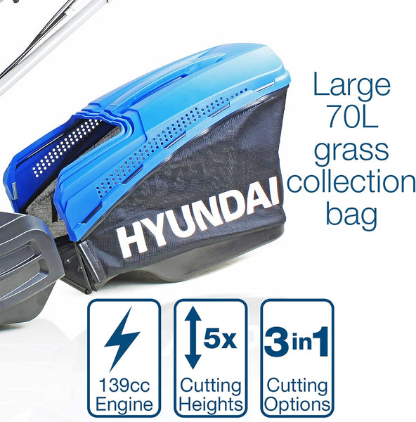 Hyundai 19" 48cm / 480mm Self Propelled Electric Start 139cc Petrol Roller Lawnmower, 5 Cutting Heights, 70l Grass Bag, Foldable Handles, 3 Year Warranty