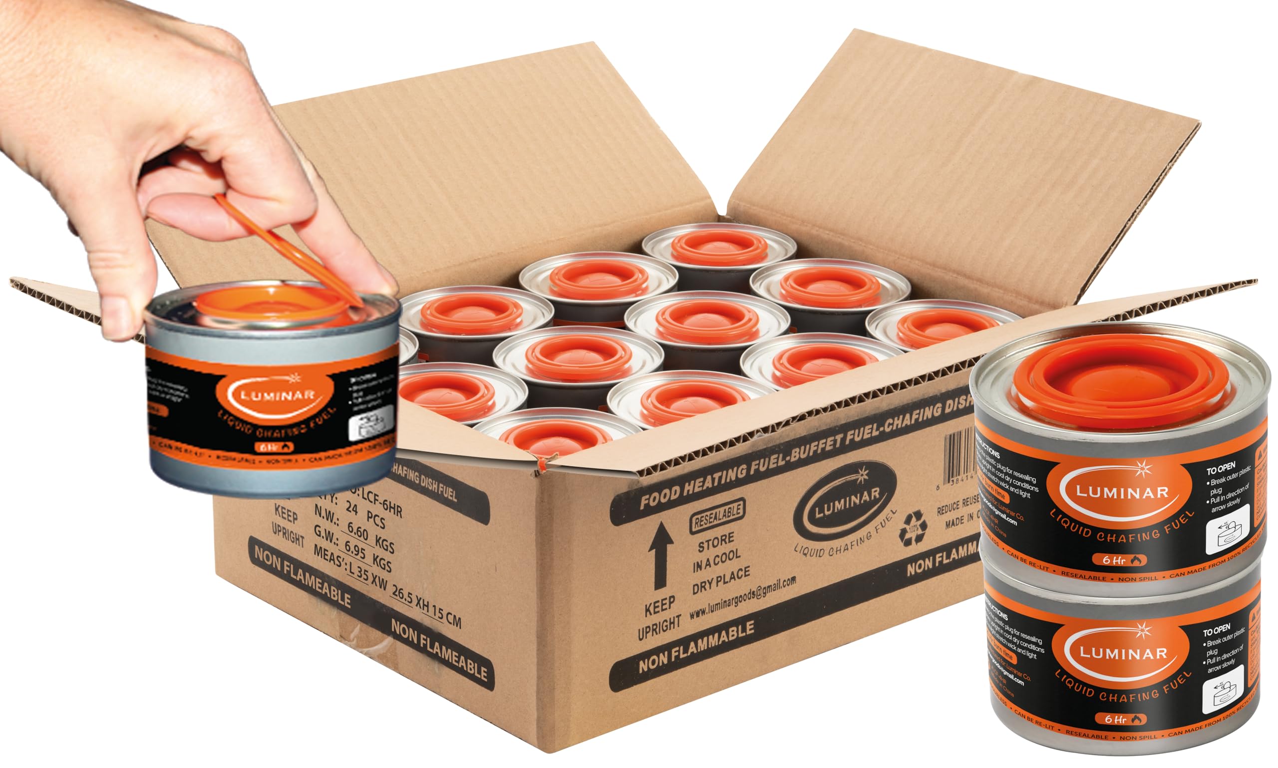 Luminar Resealable-Wick Chafing Fuel Cans, 24 Pack, 6 Hour - Premium Quality Burners for Food Warmers - No More Spills, Waste, or Hassle - Perfect for
