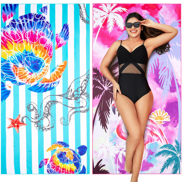 Winthome Beach Towel, Extra Large Microfibre Beach Towel for Adult, Double Sides Sand Free Quick Dry lightweight Travel Swimming Towel(Pink + Green, 90×180cm - 2 pack)