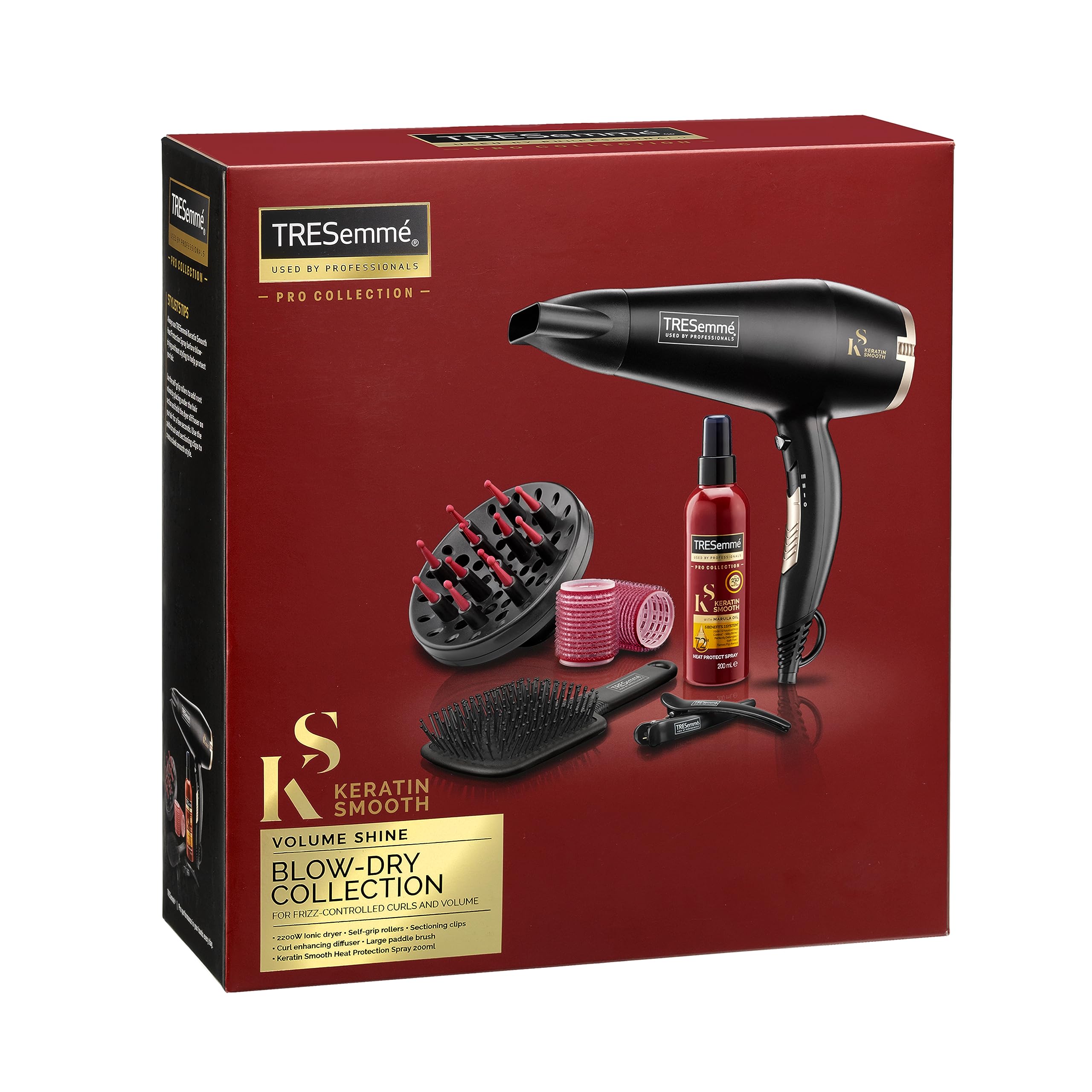 TRESemme Keratin Smooth Volume Shine Hair Dryer & Diffuser Gift Set - 2200W Powerful Blow Dryer, Heat Protection, Paddle Brush, Accessories, Black, 5543BU