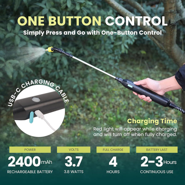 Green Haven 5L Battery-Powered Pressure Sprayer – USB Rechargeable Electric Garden Sprayer with 3 Adjustable Nozzles, Easy-Fill Tank, Durable ABS, Portable Design, and Shoulder Strap for Gardening
