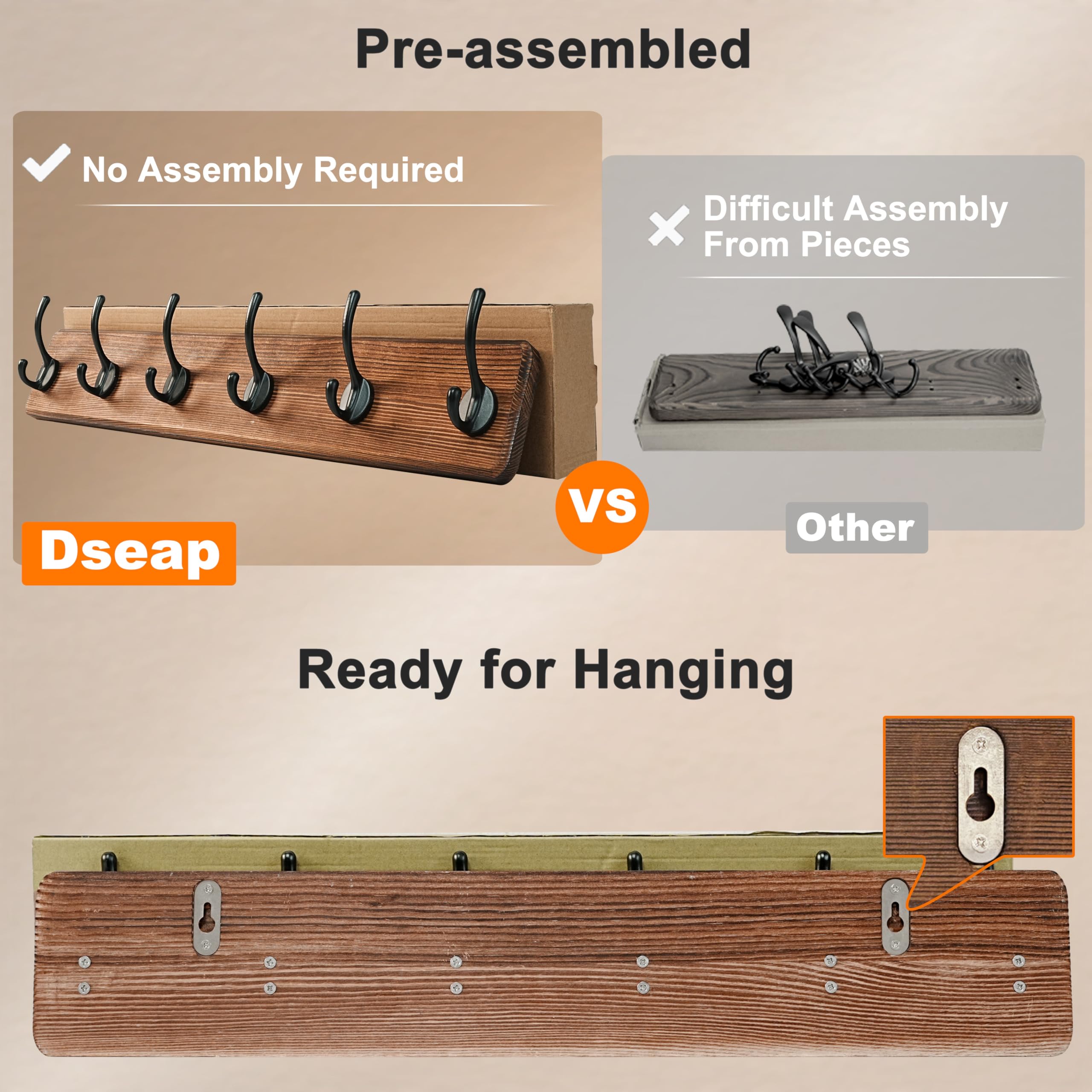 Dseap Coat Rack Wall: 97cm Long, Patented, Heavy-Duty, 10-Double-Hooks Wooden Wall Mounted Coat Rack Coat Hanger Hook Rail for Winter Coats Hat Jacket