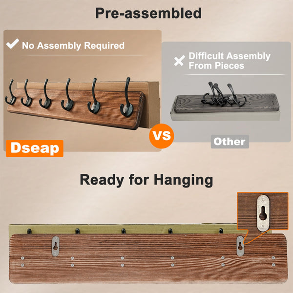Dseap Coat Rack Wall: 97cm Long, Patented, Heavy-Duty, 10-Double-Hooks Wooden Wall Mounted Coat Rack Coat Hanger Hook Rail for Winter Coats Hat Jacket