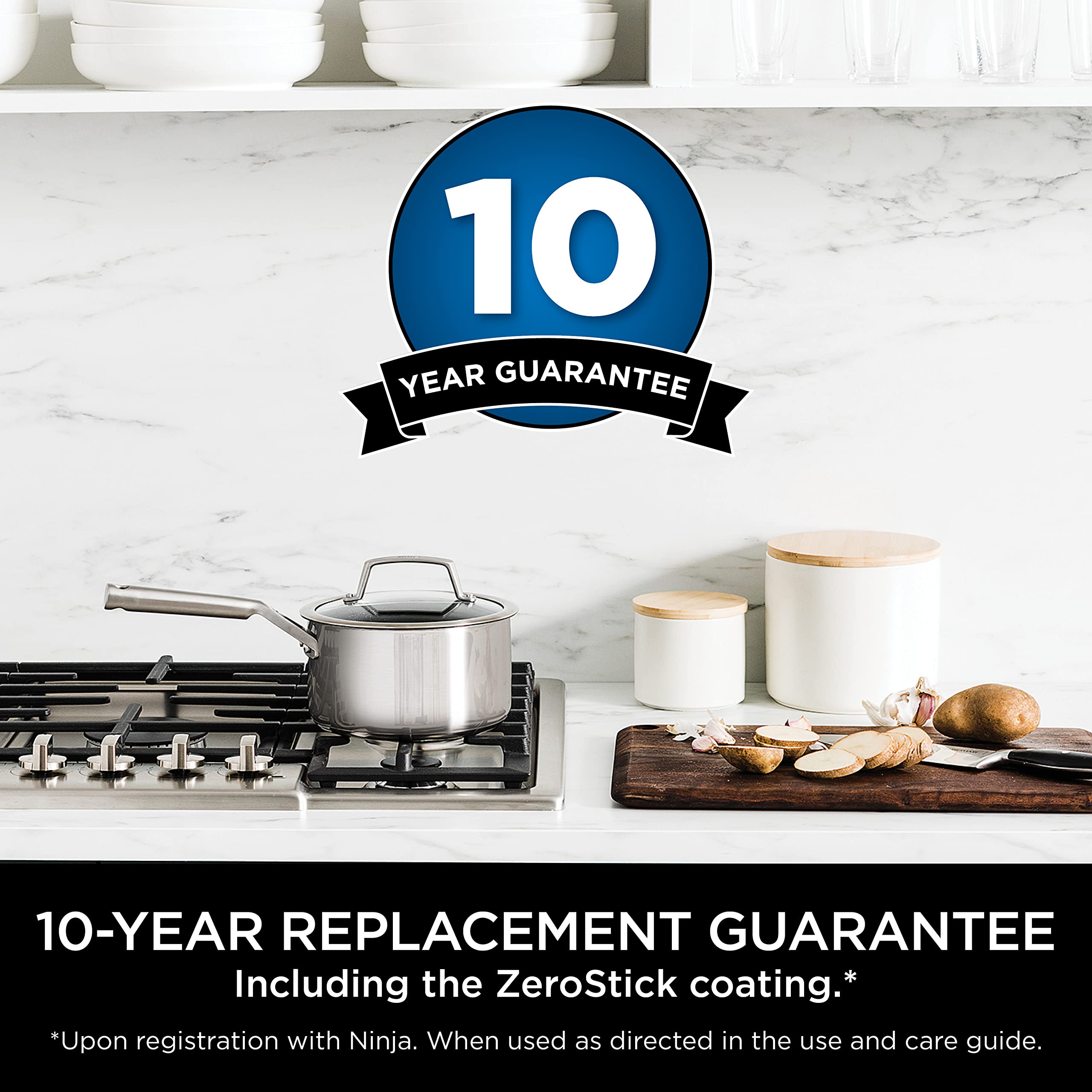 Ninja ZEROSTICK 5-Piece Pan Set, Long Lasting Non Stick,16cm, 18cm & 20cm Saucepans with oven-safe glass lids, 16cm Milk Pan, 24cm Frying Pan, Stainless Steel Cookware C6500UK