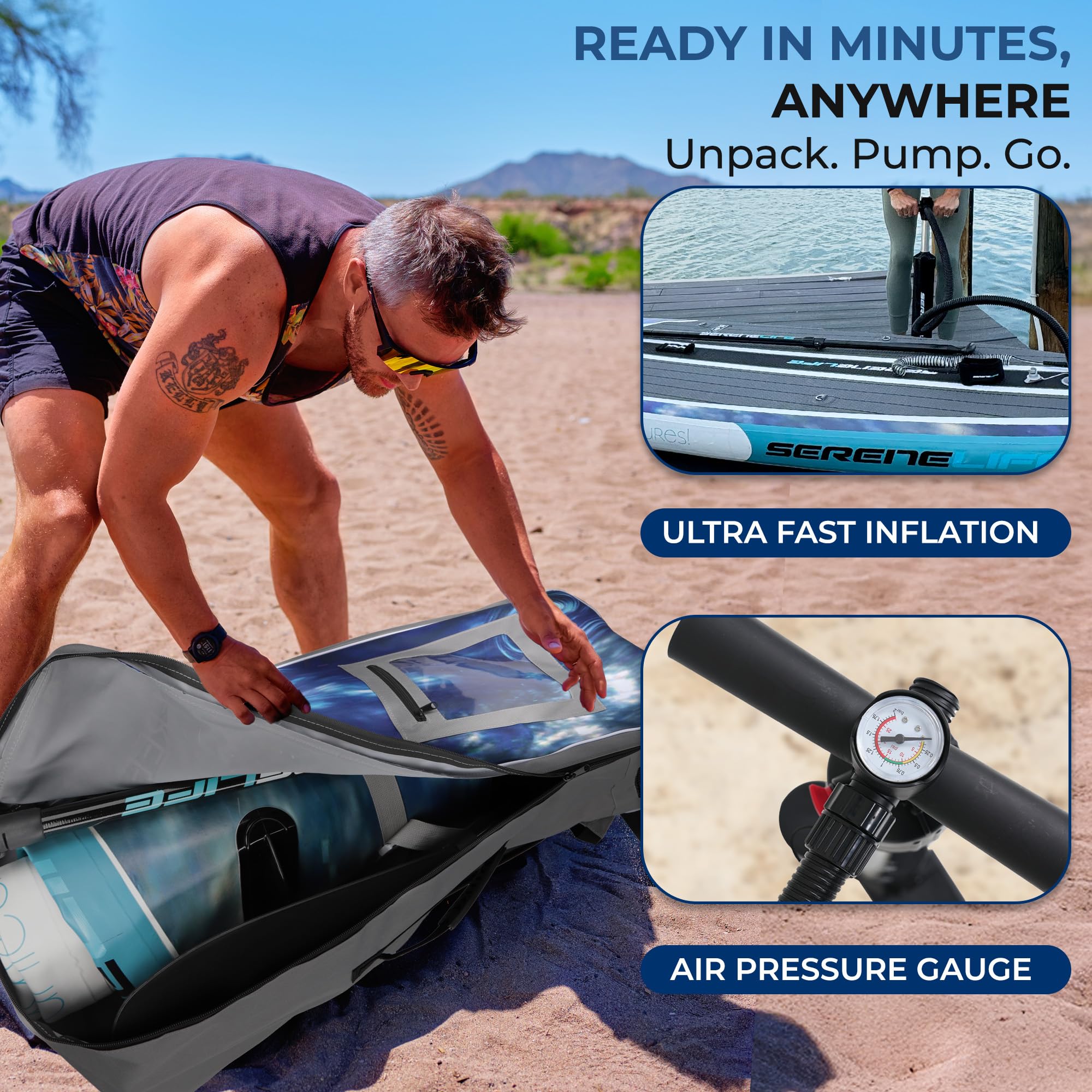 SereneLife Inflatable Stand Up Paddle Board, SUP Board- Paddleboards for Adults & Youth, Surfing Board Kit, 0.63cm Thick Standup Paddleboarding, Non-Slip Deck, Wide Stance, Surf Control w/Backpack