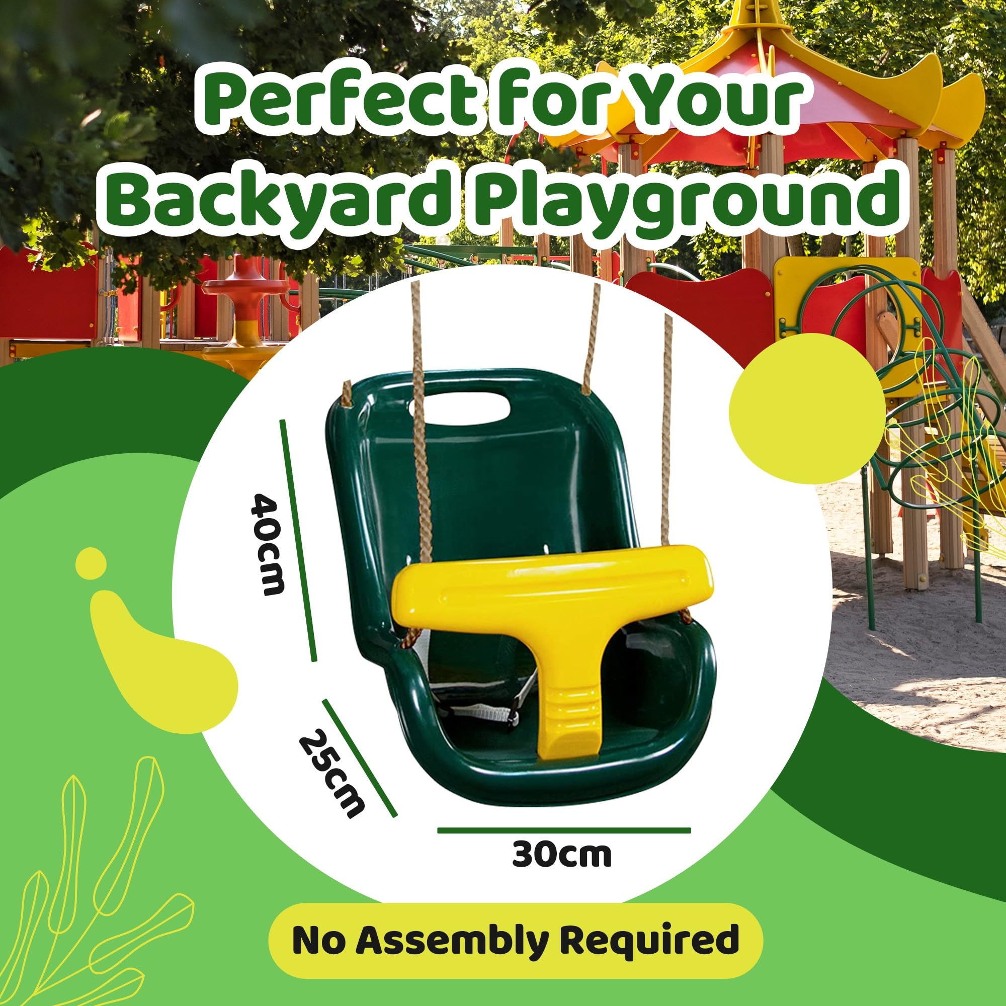 Children Deluxe High Back Baby Toddler swing seat perfect for Garden swings and Climbing Frames (Green with Yellow T-Bar)