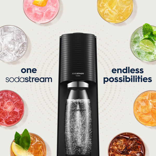 SodaStream - Terra Sparkling Water Maker, Quick Connect CO2 System, Includes 60L Gas Cylinder, BPA-Free 1L Bottle, Eco-Friendly & Reduces Plastic Waste, Black