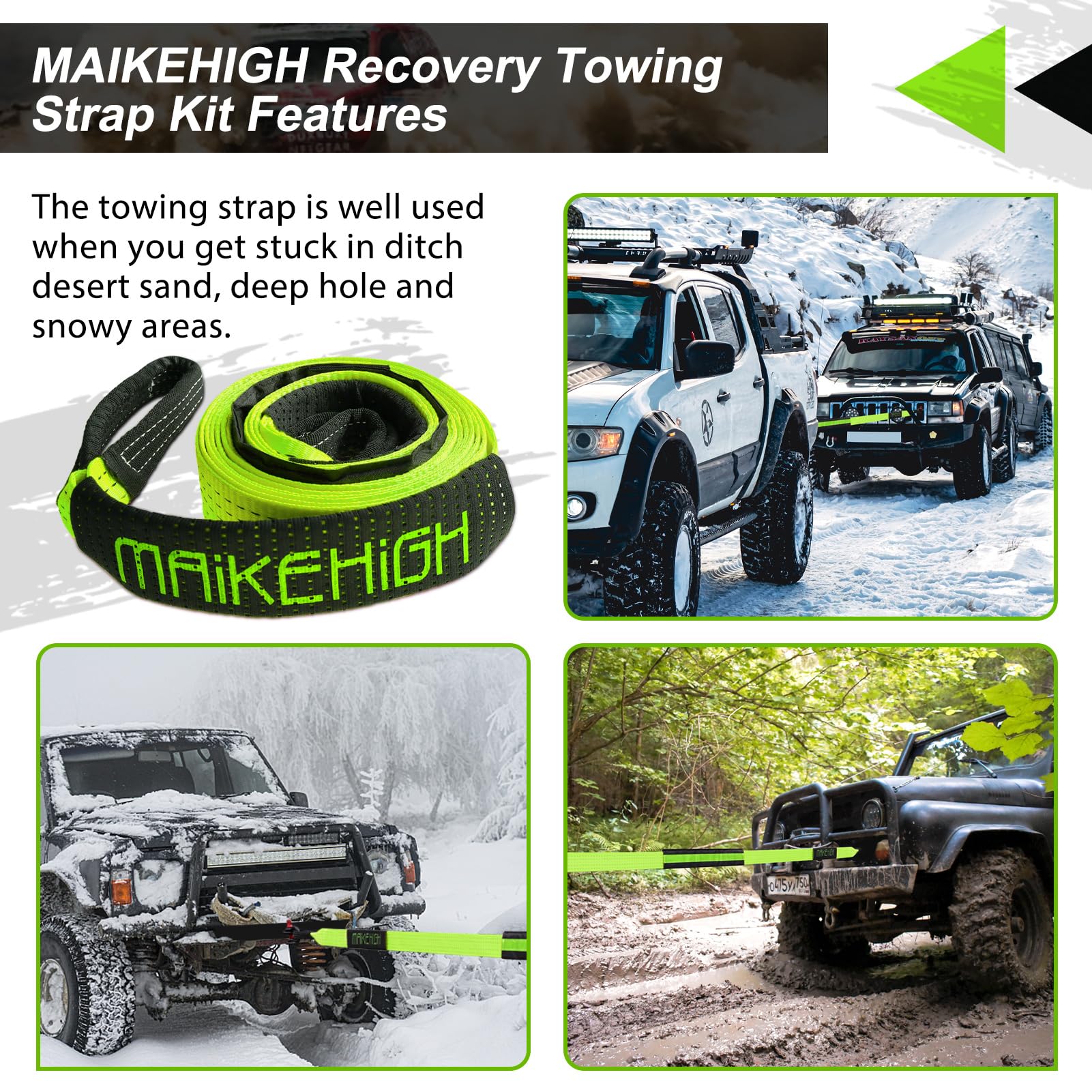 MAIKEHIGH Towing Rope 15 Ton (33,700 Lbs), 6M x 7.6cm Off-Road Recovery Tow Strap with 2 Gloves for Car, Truck, SUV, Snow (Green)