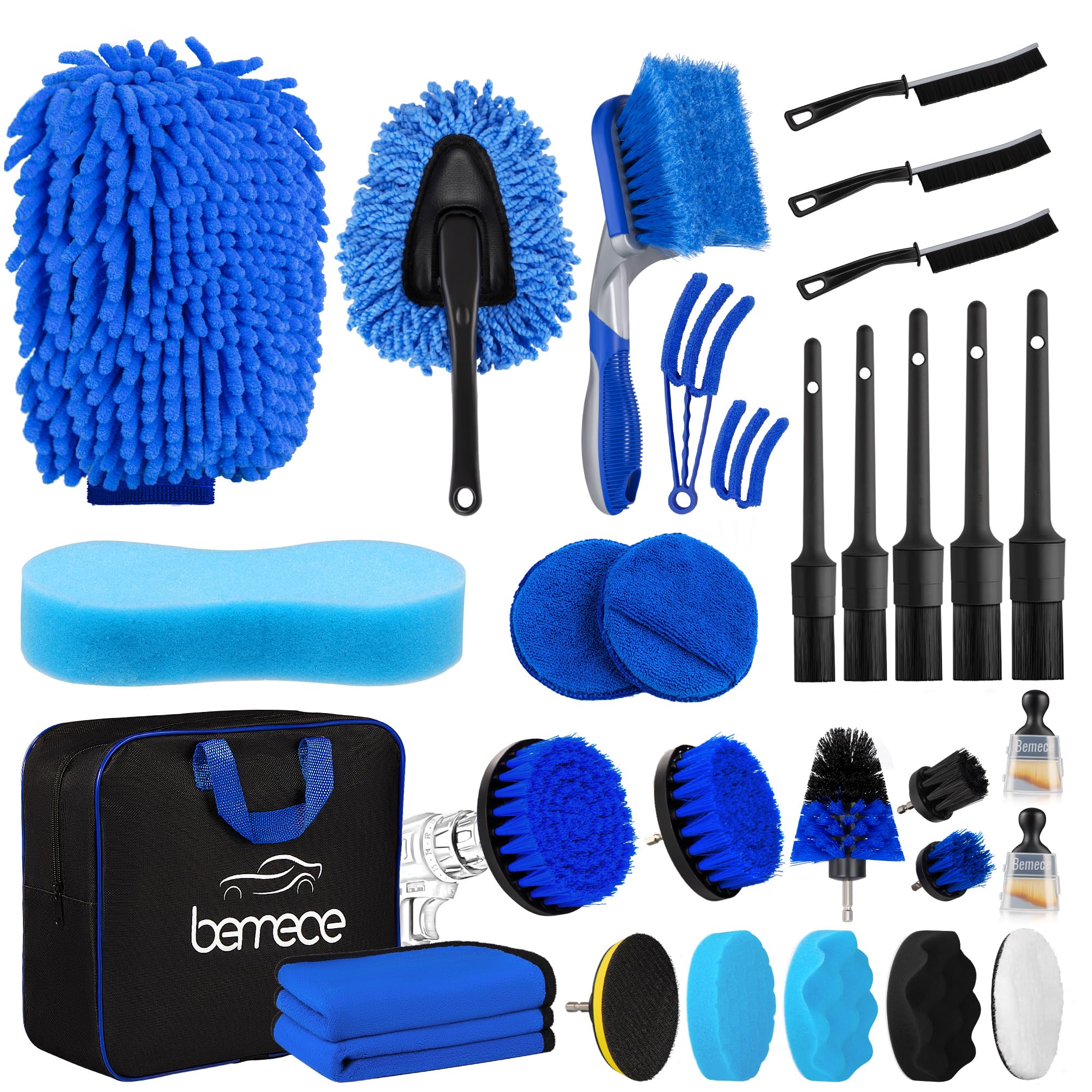 Bemece 29 Piece car detailing kit, car cleaning kit for Cleaning Wheels, Interior, Exterior, Leather, Dashboard, Vents (Blue)…