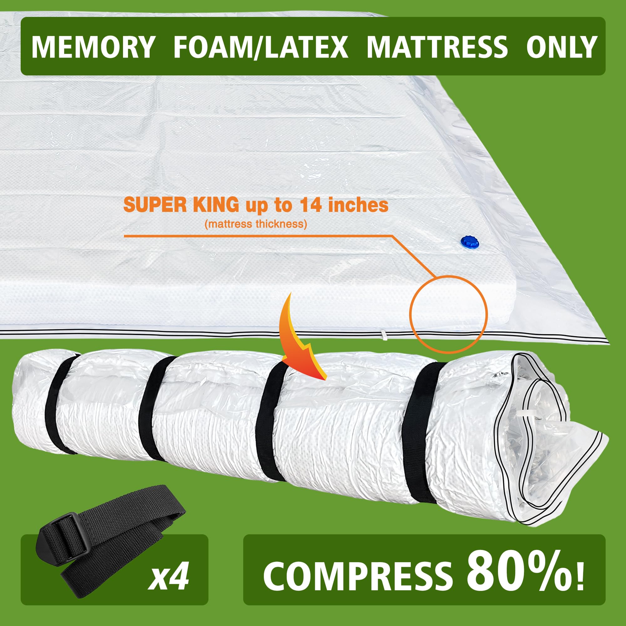 Mattress Vacuum Bag for Memory Foam Mattress, Latex Mattress Vacuum Seal Bag with Straps, Moving, Storage and Shipping (Super King)