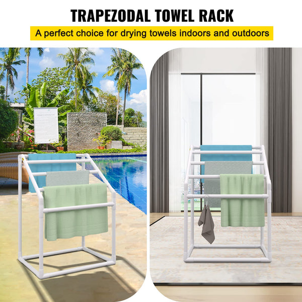 VEVOR Pool Towel Rack, 5 Bar, White, Freestanding Outdoor PVC Trapedozal Poolside Storage Organizer, Include 8 Towel Clips, Mesh Bag, Hook, Also