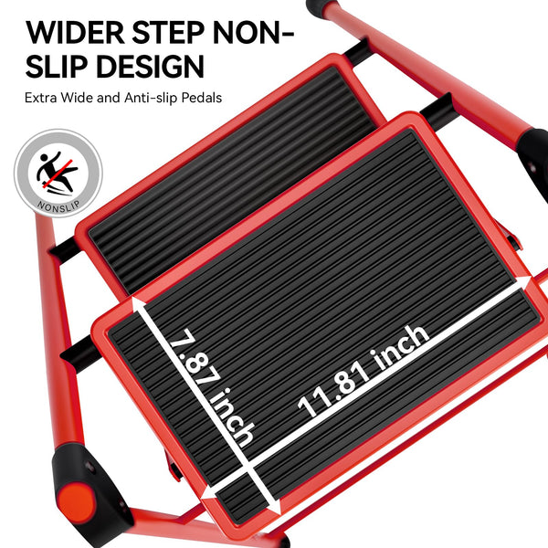 KINGRACK 2 Step Ladder with Handrail, Non-Slip Household Ladder with Folding Safety, Aluminium Folding Step Stool, Maximum Load 150 kg, Black