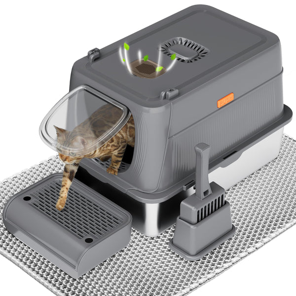 Citylife XL Stainless Steel Cat Litter Box with Lid, Extra Large Enclosed Removable Metal Litter Tray with Litter Scoop&Double Layer Litter Mat, Non-Sticky, Non-Odor, Easy Cleaning, for Big Cats