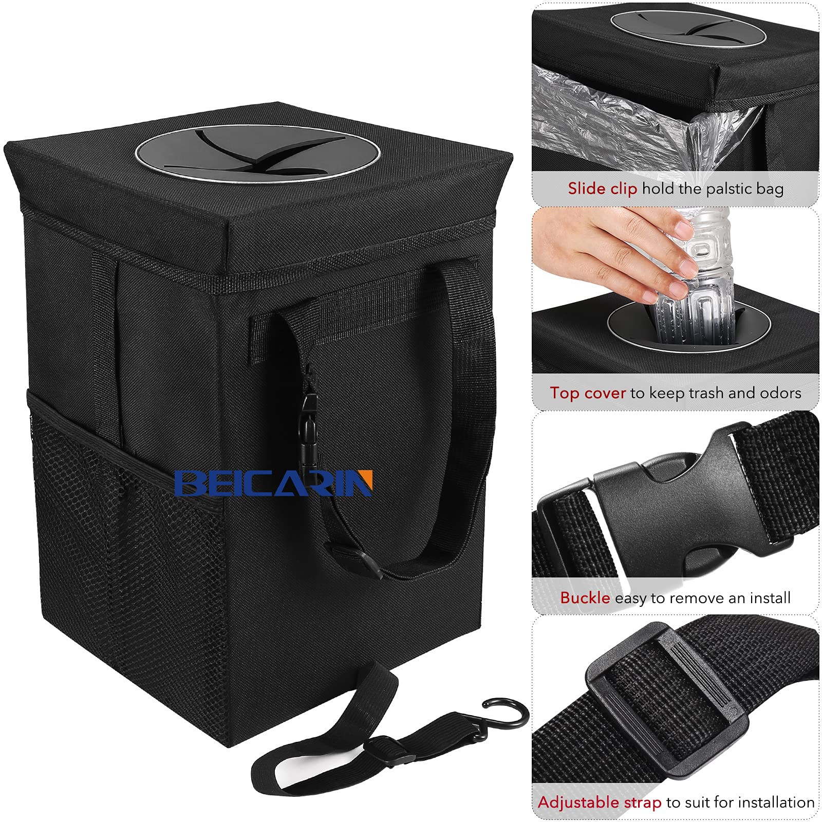 Car Trash Bin with Lid - Trash Bag Hanging with Storage Pockets Leak-Proof Car Organizer Collapsible and Portable Waterproof Garbage Bin, 10L Large Capacity Multipurpose Bin