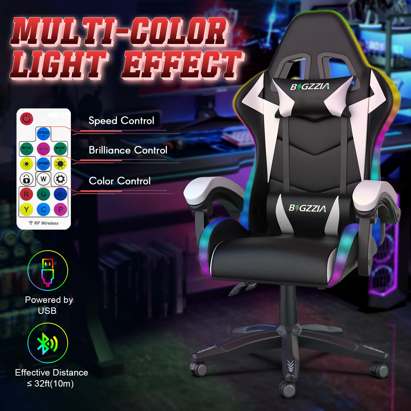 bigzzia RGB Gaming Chair with LED Lights and Ergonomic Computer Chair Reclining PU Leather High Back Video Game Chair with Headrest Adjustable Lumbar Support Linkage Armrest for Adults (Black/Grey)