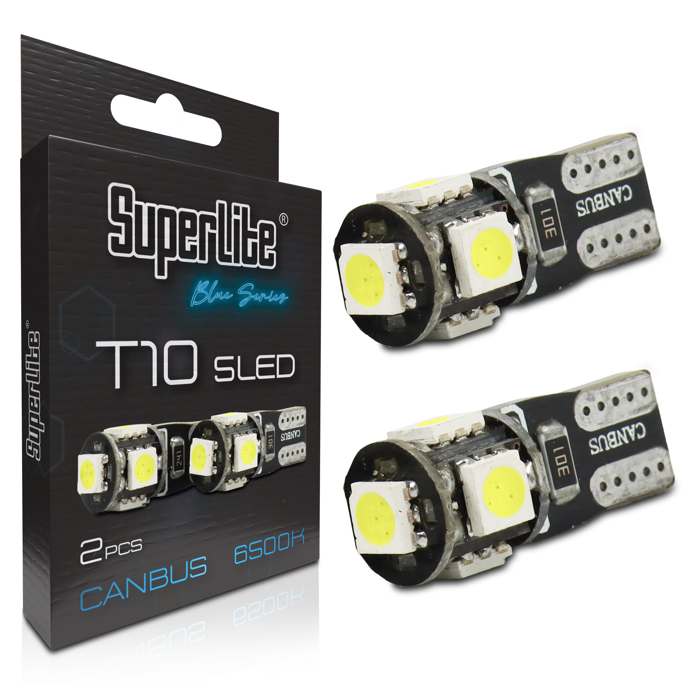 Superlite Set of 2 T10 Bulbs with 18 Leds from the Blue Series range. CanBus Technology and 6500K Colour Temperature. Ideal for Car and Truck.