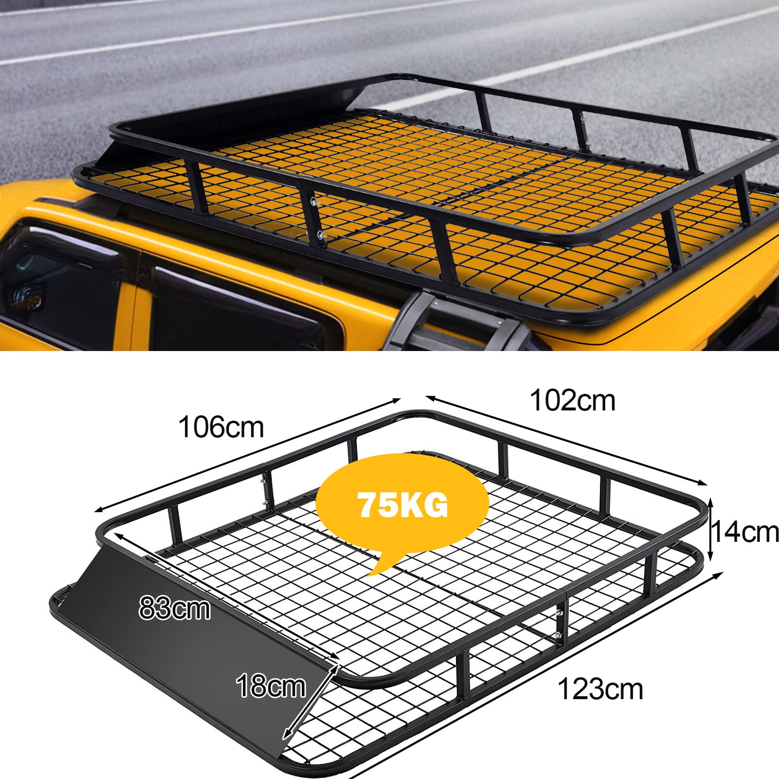 Roof Rack Basket Tray, Steel Luggage Cargo Carrier with Bars & Wind Fairing, Rooftop Luggage Holder for Car SUV Truck Jeep (116-162x99x15cm, 113kg Capacity)