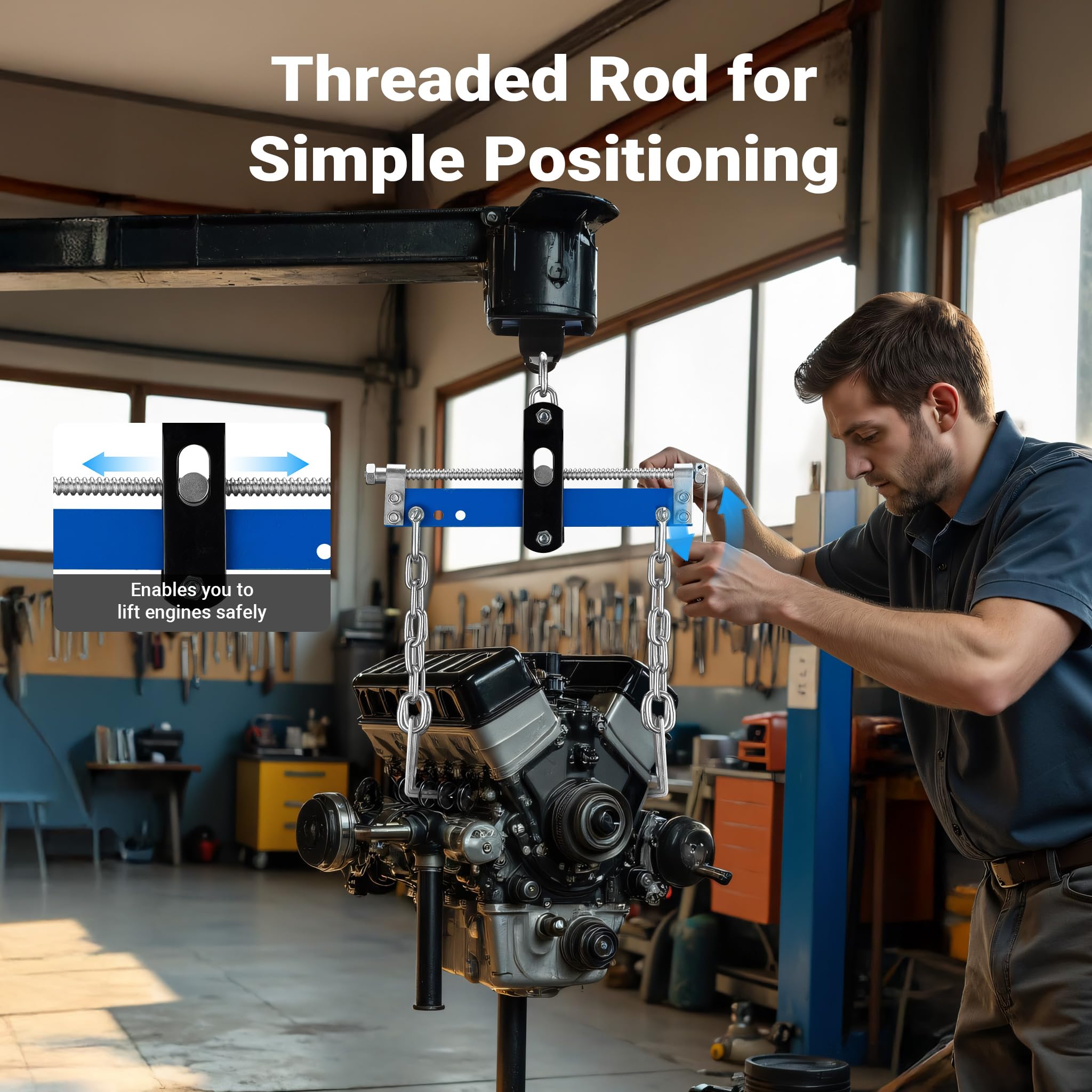 WilTec Solid Steel Engine Load Leveller - 750kg Max, Easy To Connect To Workshop Crane & Engine Stand, Includes four Chains with Safety Hooks