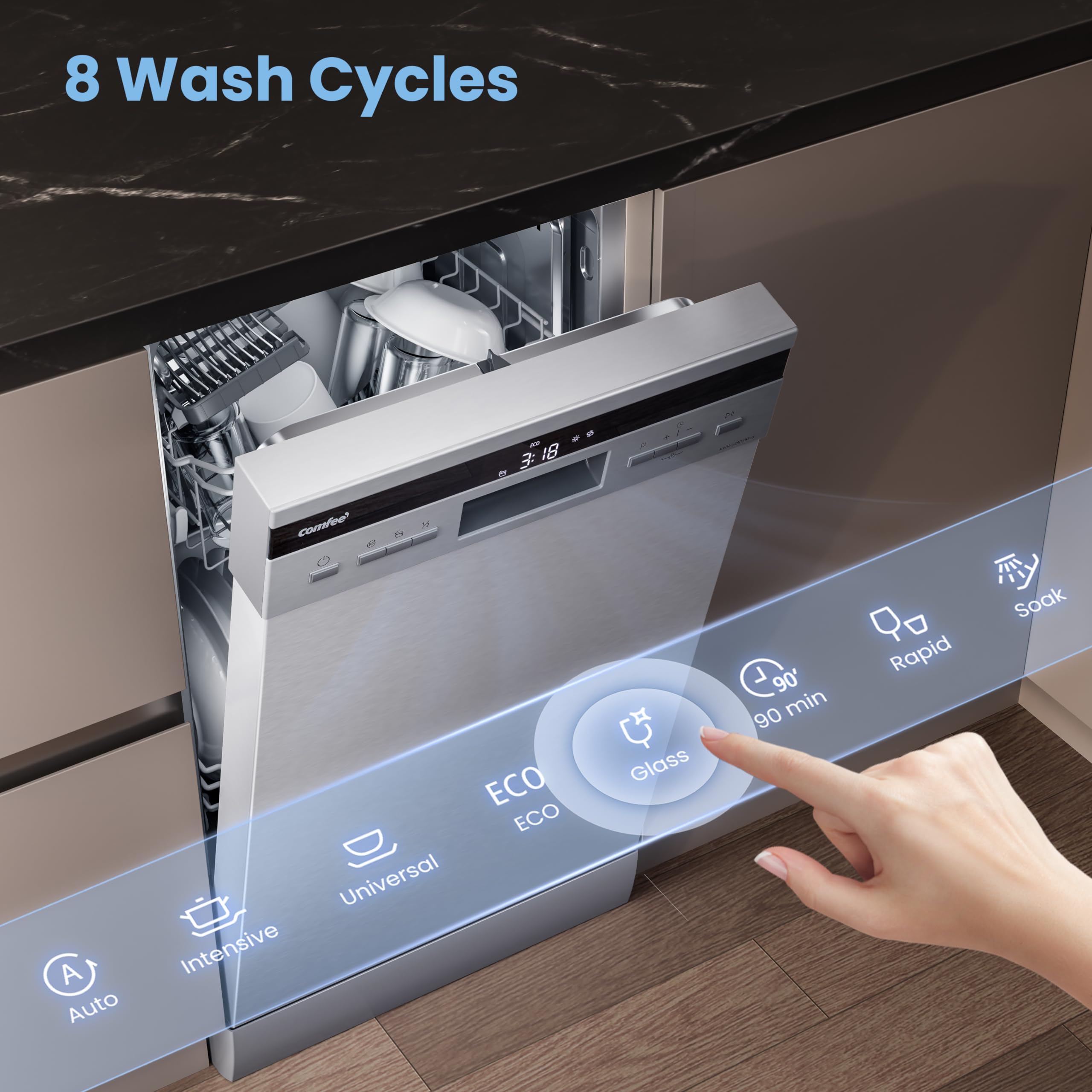 COMFEE' Freestanding Dishwasher CDWEF1034BW-UK 45cm Width, Slimline Dishwasher with 10 place settings, Quick Wash, Hygiene Wash, Delay Start, Half Load, Adjustable Basket - White