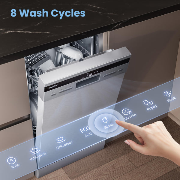 COMFEE' Freestanding Dishwasher CDWEF1034BW-UK 45cm Width, Slimline Dishwasher with 10 place settings, Quick Wash, Hygiene Wash, Delay Start, Half Load, Adjustable Basket - White