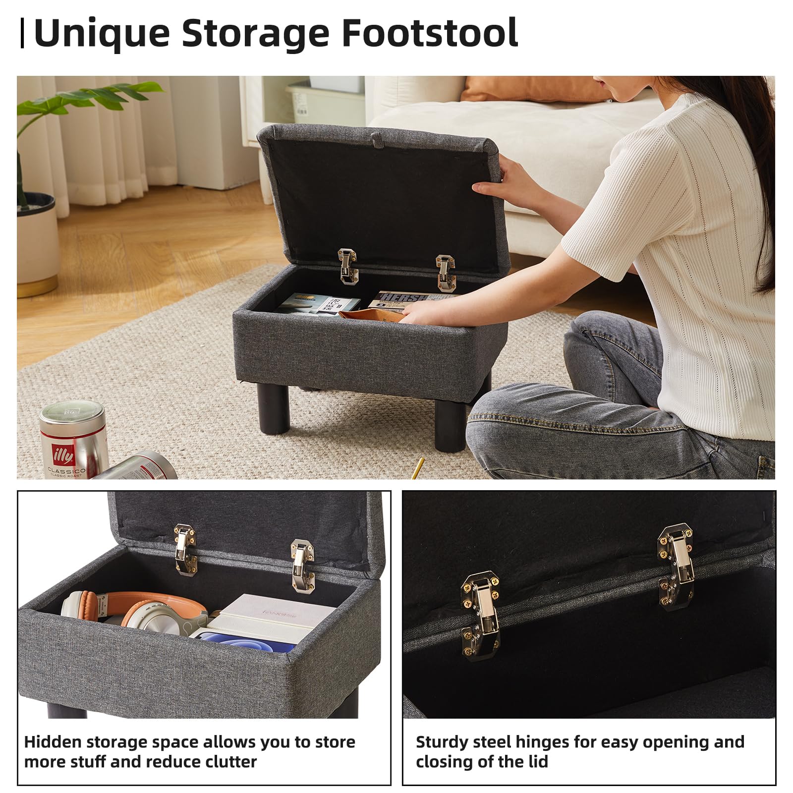 Aibiju Small Ottoman Storage Footstool with Wood Legs, Linen Foot Stool,Pouffe Stool Change Shoe Footrest for Living Room Bedroom Entryway Office,