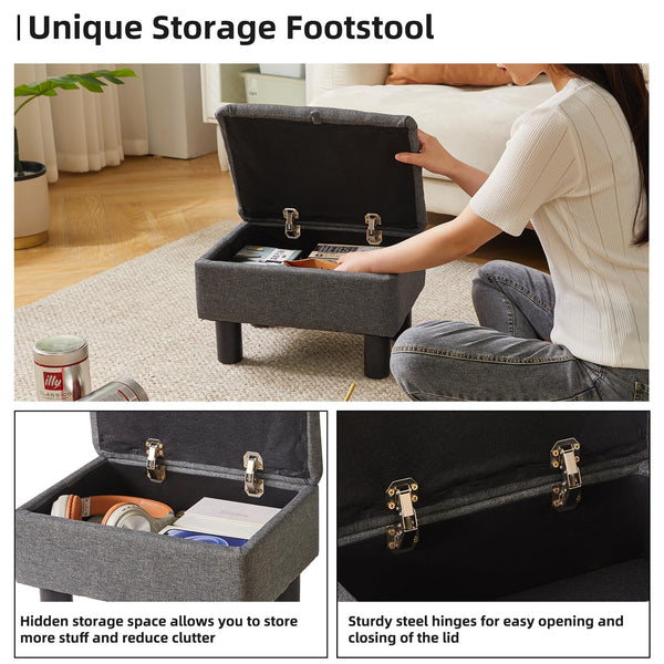 Aibiju Small Ottoman Storage Footstool with Wood Legs, Linen Foot Stool,Pouffe Stool Change Shoe Footrest for Living Room Bedroom Entryway Office,