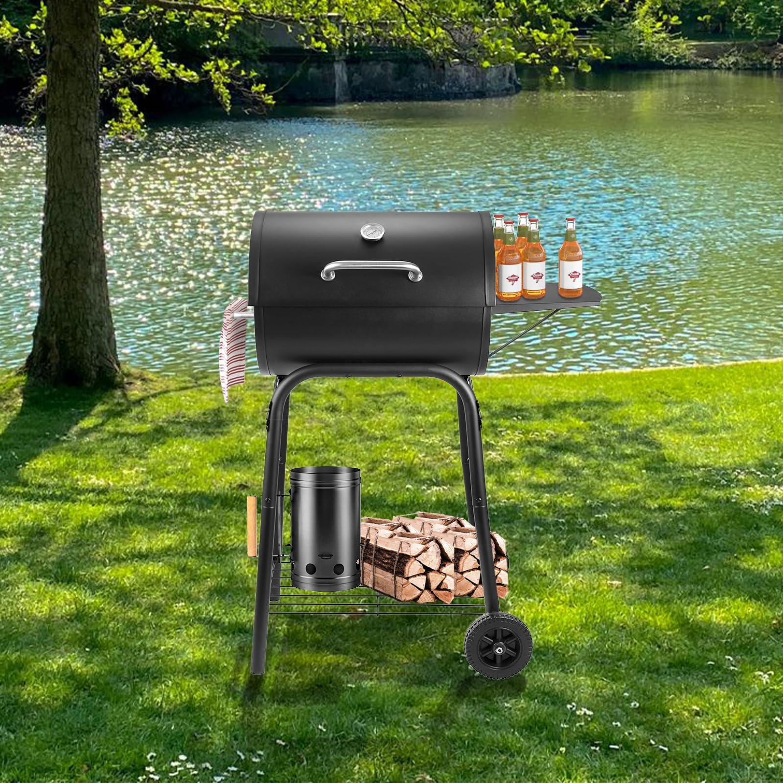 Charcoal BBQ Grill Smoker with Side Shelves, Portable Barrel Barbecue Grill Outdoor with Temperature Gauge, Warming Rack, Stainless Steel Racks, and Air Vents for Camping and Garden