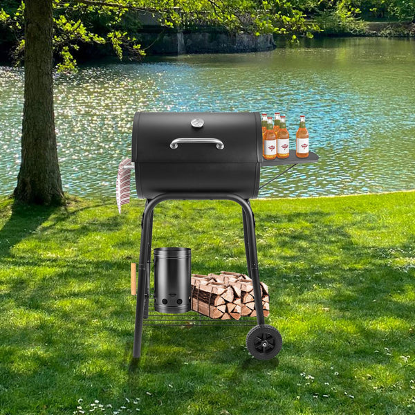 Charcoal BBQ Grill Smoker with Side Shelves, Portable Barrel Barbecue Grill Outdoor with Temperature Gauge, Warming Rack, Stainless Steel Racks, and Air Vents for Camping and Garden
