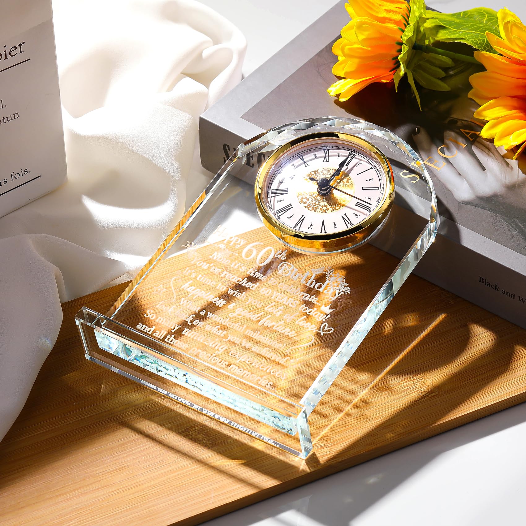 Happy 60th Birthday Quartz Clock Gifts for Women Men, Glass Keepsake Happy 60th Birthday Presents for Her Turning 60 Years Old Ornament