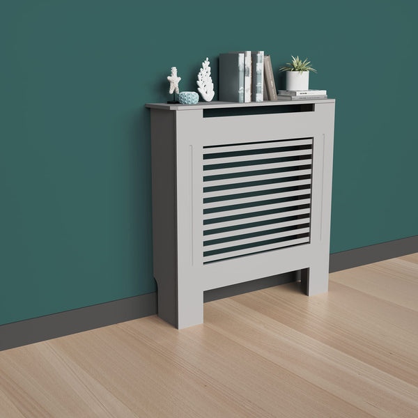 FATIVO High Radiator Cover Wood Cabinet: 92cm Height Grey Small Heater Covers Horizontal Slat Internal Heights 90cm Tall Radiator Shelf Thicken MDF
