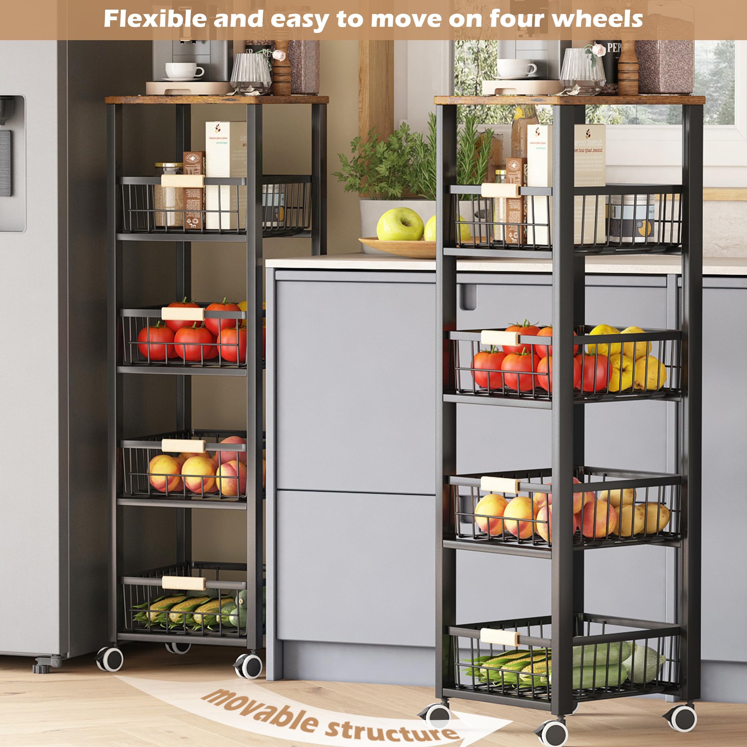 5 tier kitchen storage trolley,fruit basket stand,vegetable storage rack on wheelsy,5-tier kitchen basket trolley,tall trolley on wheels,chefs