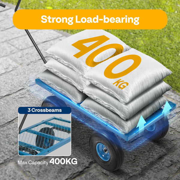 VIVOHOME Hand Trolley 400kg Capacity Durable Transport Cart with 10cm Pneumatic Tires and 180° Rotatable 80cm Handle Heavy Duty Metal Grids for Garden and Camping