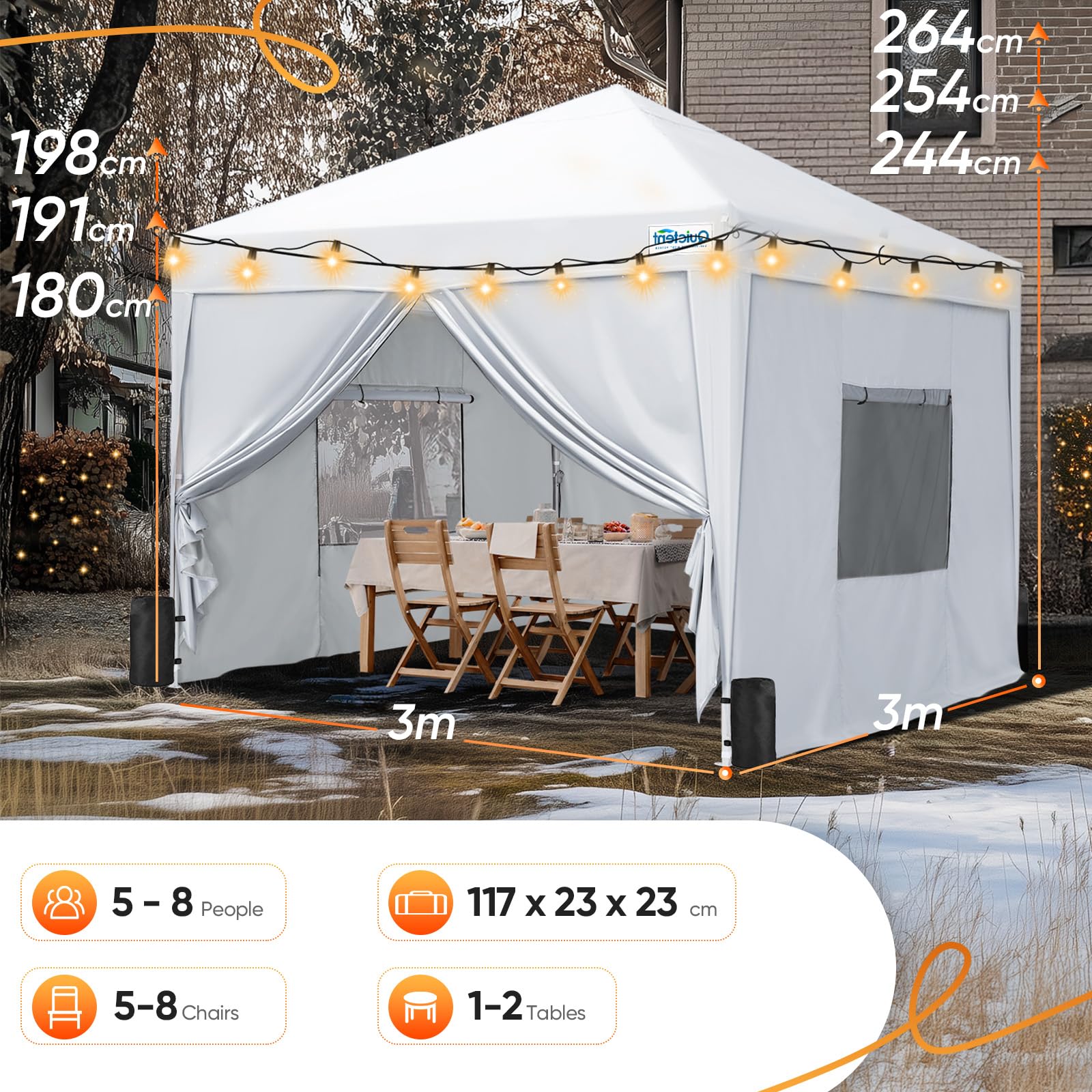 Quictent Pop Up Canopy Gazebo with Removable Sidewalls, Adjustable Height Event Shelter, 3x3m (10x10ft) Portable Tent for Garden Party, Camping, White