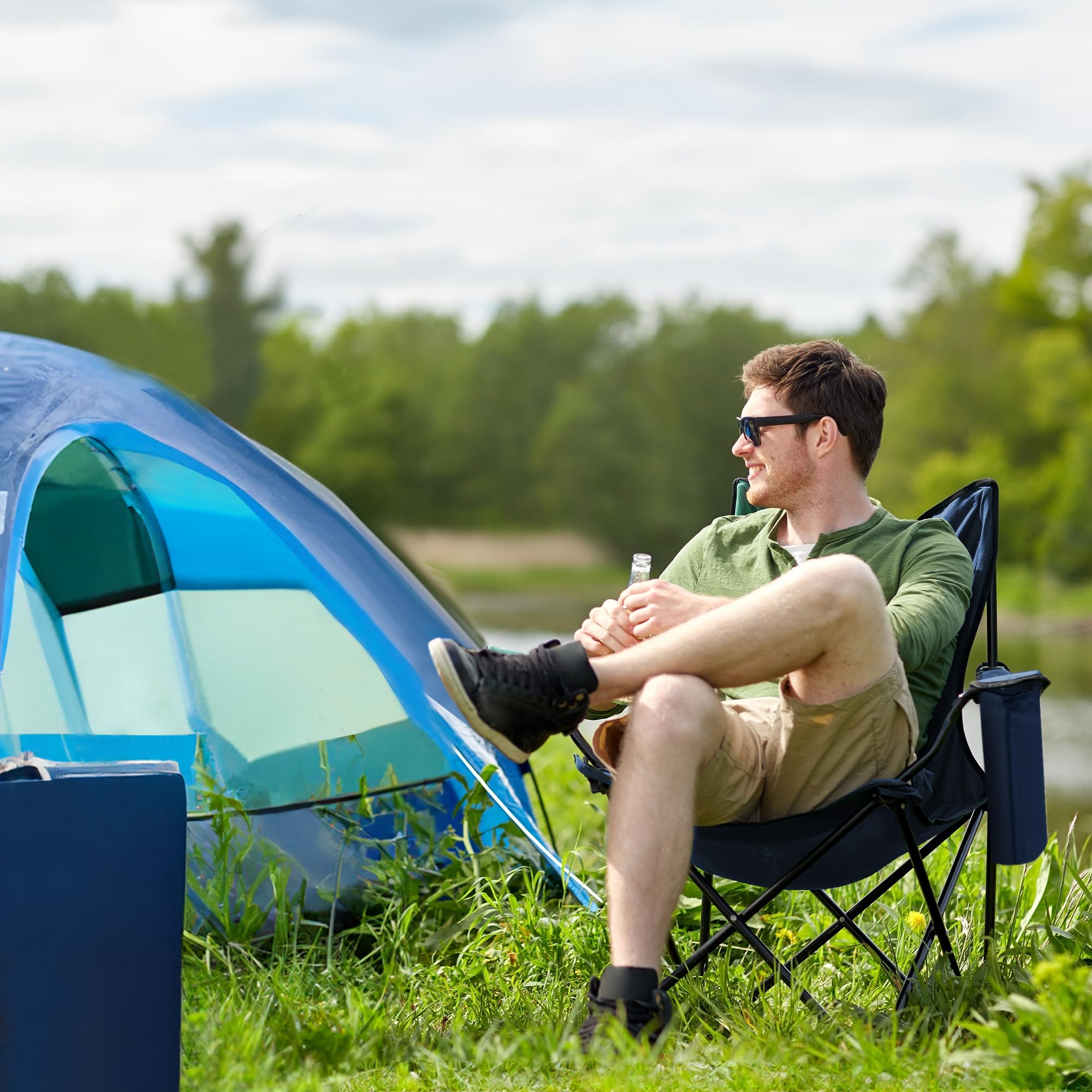 Voyager Folding Camping Chairs 2 Pack with Cooler Bag, Lightweight Q195 Steel Frame, 600D Oxford Fabric, Portable & Comfortable - Black (Black, Padded)