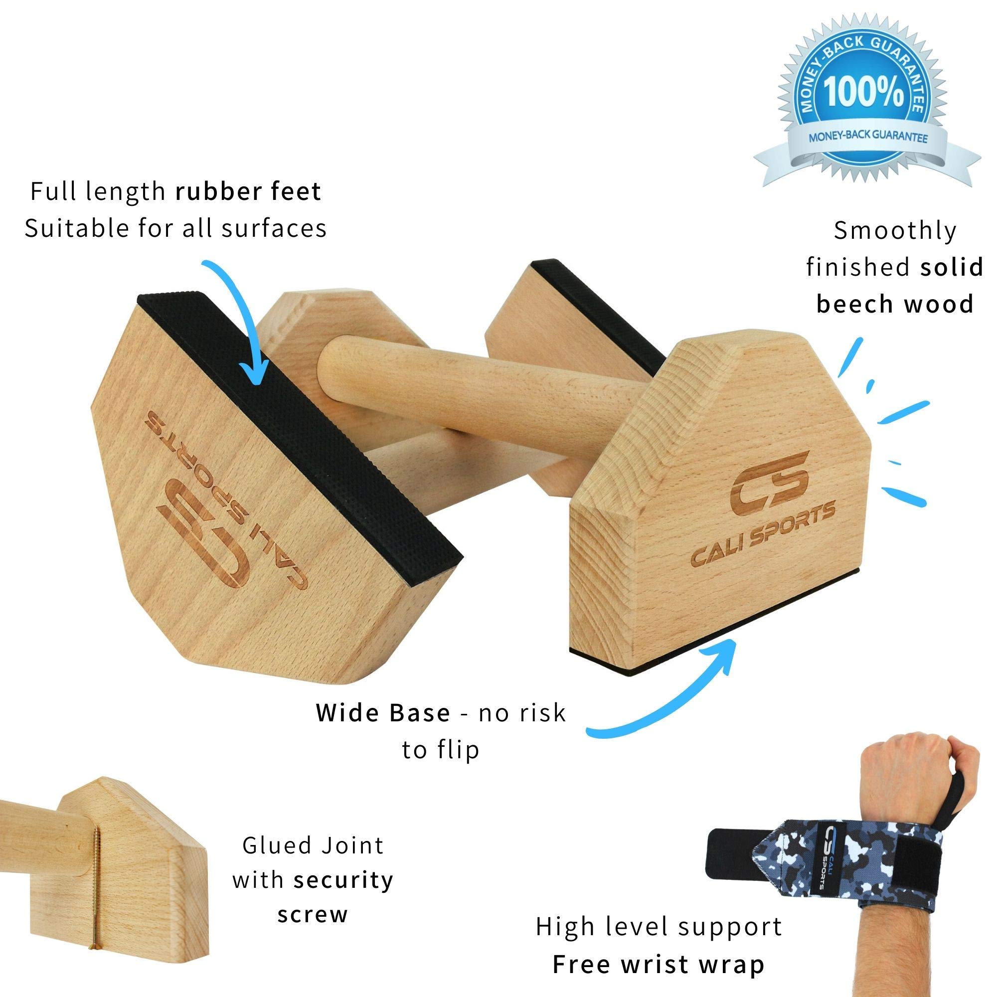 CALI SPORTS Calisthenics Wood Parallettes Bars | Push Up Bar That Will Not Slip or Wobble | Wrist Wraps Included (Small)
