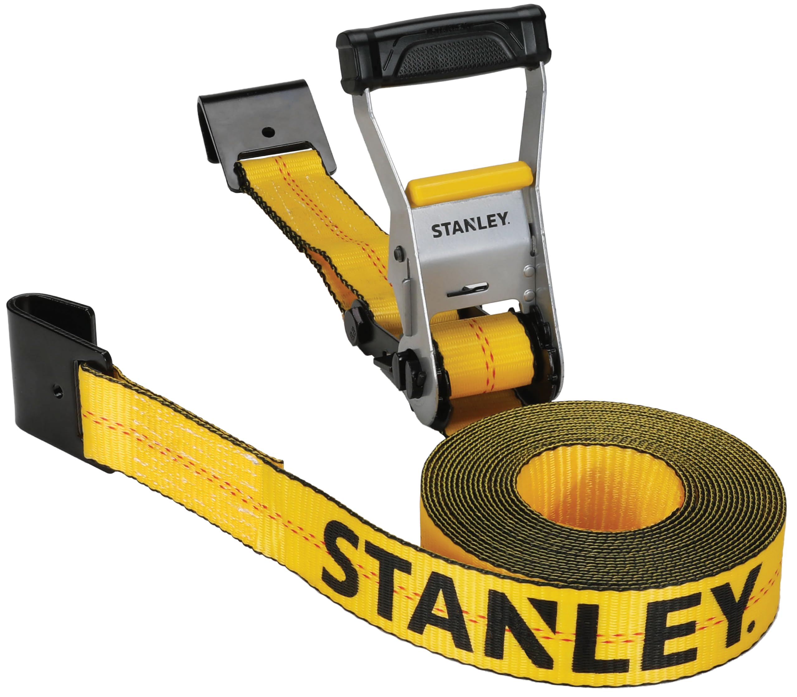 STANLEY S1007 Black/Yellow 1.5" x 16' Ratchet Tie Down Straps - 1,100 lb Safe Working Load / 3,300 lb Break Strength, 2 Pack