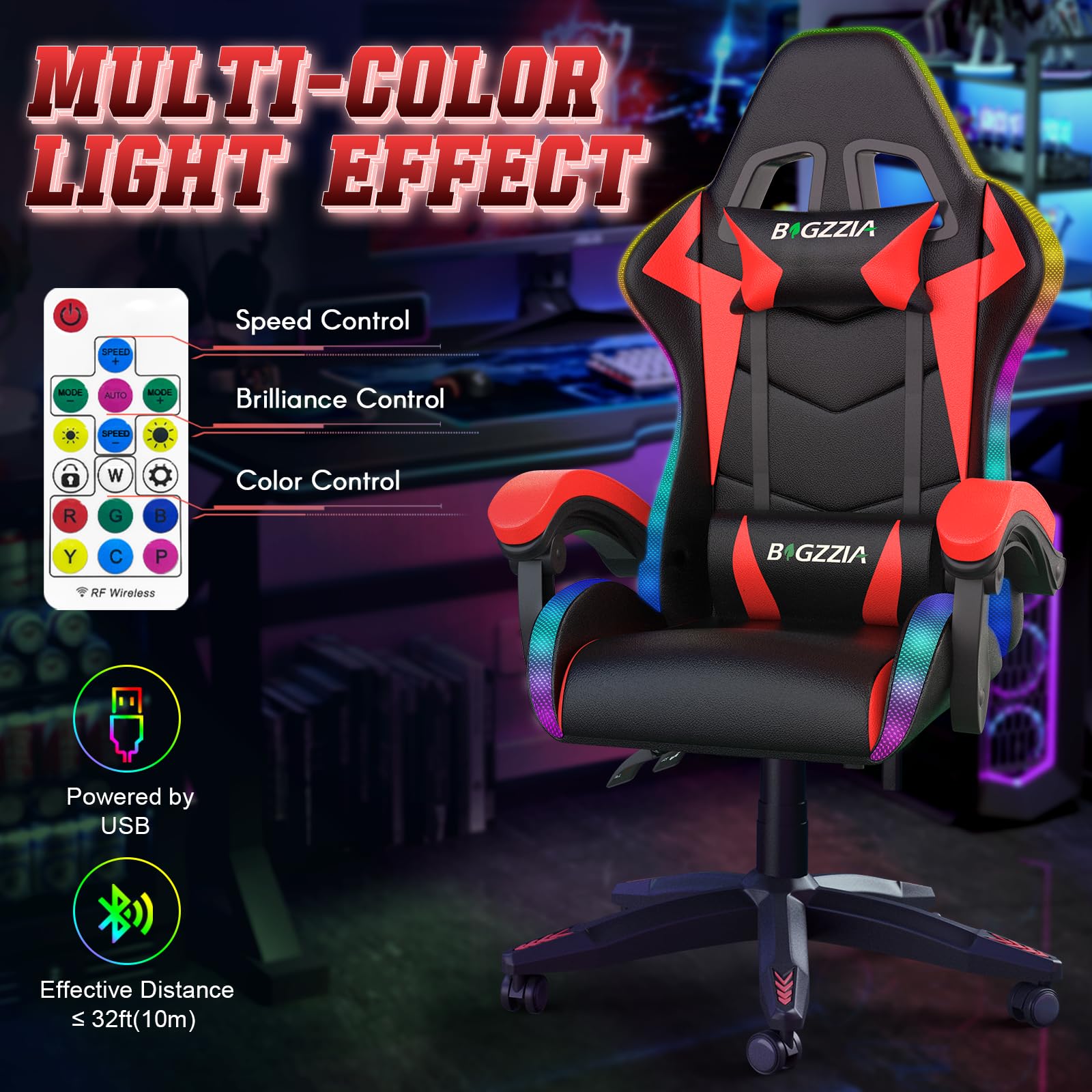 bigzzia RGB Gaming Chair with LED Lights and Ergonomic Computer Chair Reclining PU Leather High Back Video Game Chair with Headrest Adjustable Lumbar Support Linkage Armrest for Adults (Black/Grey)
