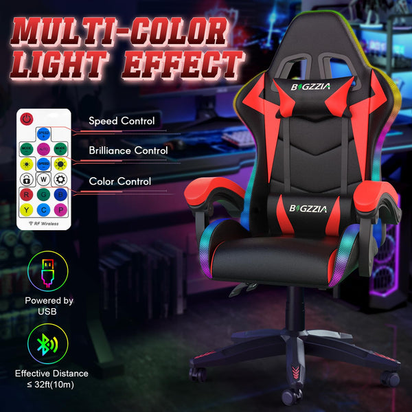 bigzzia RGB Gaming Chair with LED Lights and Ergonomic Computer Chair Reclining PU Leather High Back Video Game Chair with Headrest Adjustable Lumbar Support Linkage Armrest for Adults (Black/Grey)