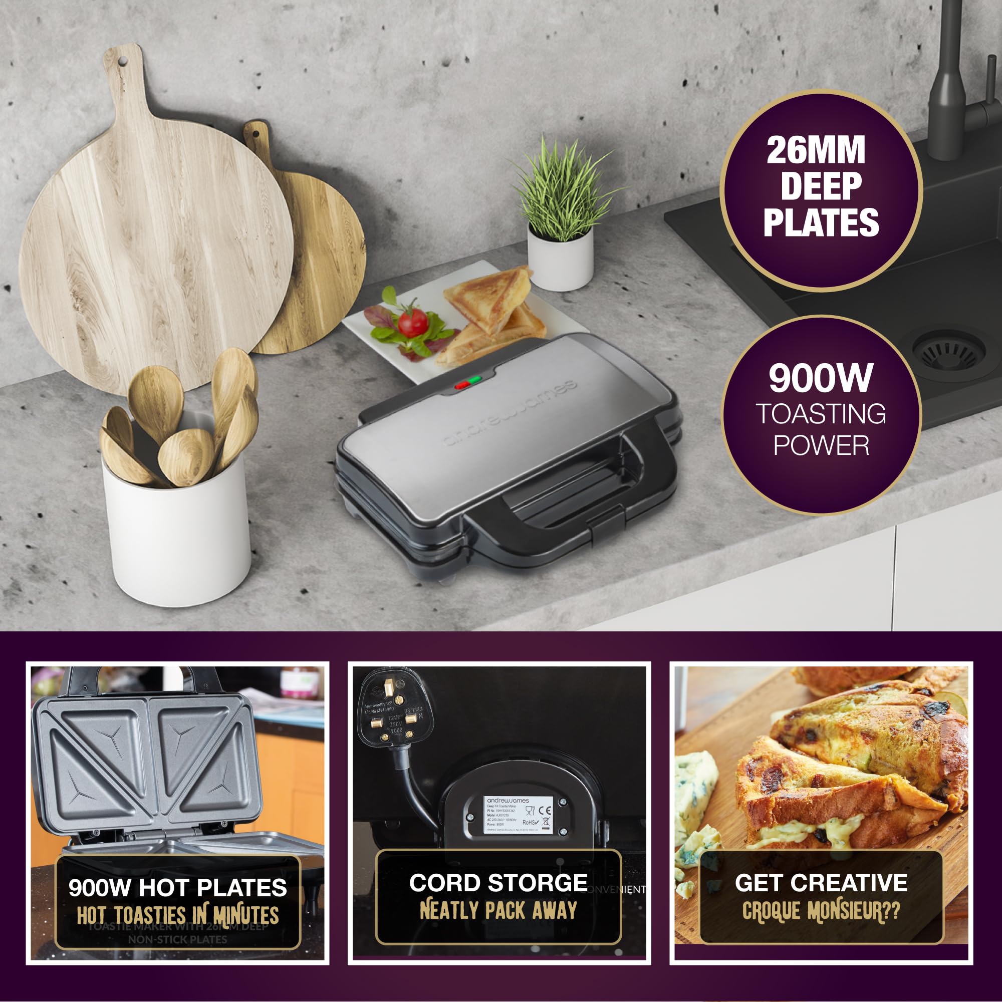 Andrew James Electric Deep Fill Toasted Sandwich Maker Grill, 4 Slice Triangle Press with Cool Touch Handle, Non-Stick Plates for Thick Cheese