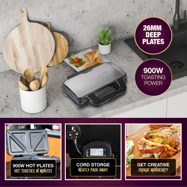 Andrew James Electric Deep Fill Toasted Sandwich Maker Grill, 4 Slice Triangle Press with Cool Touch Handle, Non-Stick Plates for Thick Cheese