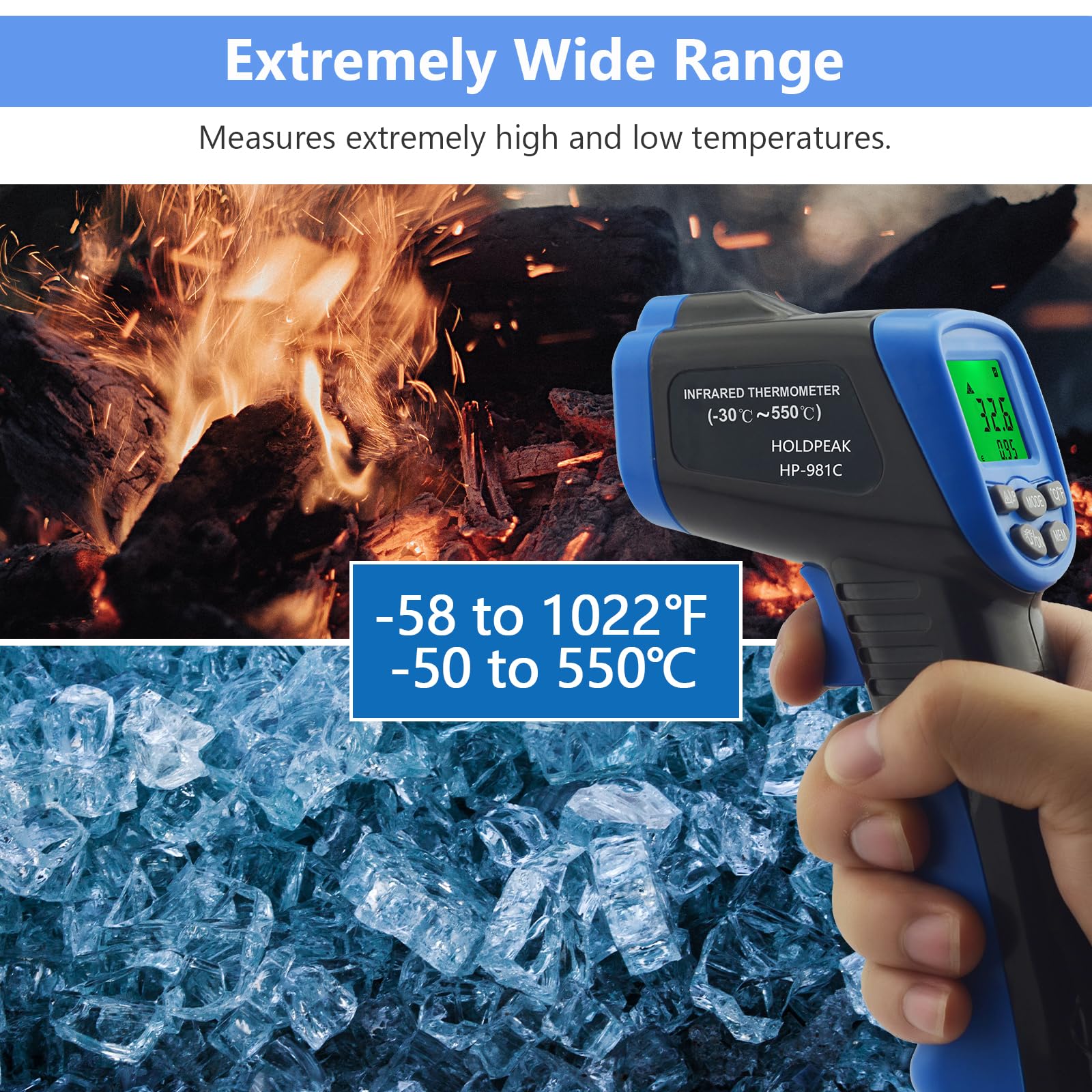H HOLDPEAK Handheld Anemometer, Digital Wind Speed Meter for Air Velocity, Digital Laser Infrared Thermometer -50 to 550? with Adjustable Emissivity,
