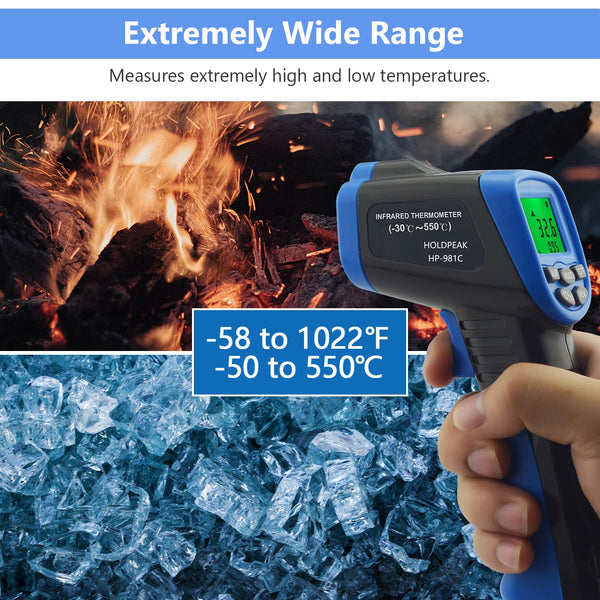 H HOLDPEAK Handheld Anemometer, Digital Wind Speed Meter for Air Velocity, Digital Laser Infrared Thermometer -50 to 550? with Adjustable Emissivity,