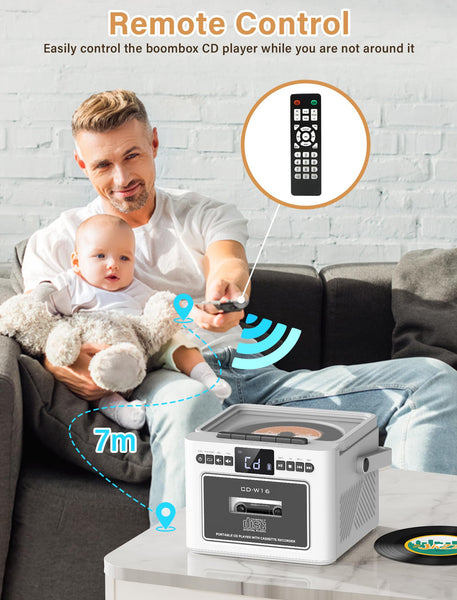 Boombox CD Player with Speakers, CD Cassette Player Combo with Bluetooth, Portable Radio CD Players for Home,5000mAh Rechargeable Battery,Remote control,StereoHifi System,Supports USB/AUX/Micro Card