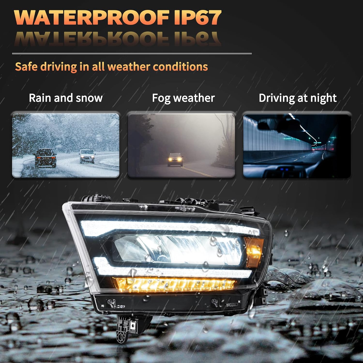 VLAND Motor LED Headlights compatible with 2019-2024 Ram 1500 Tradesman/Lone Star/Big Horn/Laramie/Rebel [Not fit classic, TRX, factory LED projector], w/Amber sequential indicator - Amber